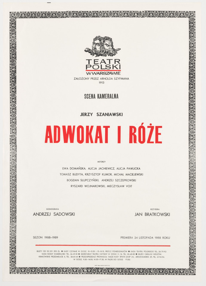 Zadrukowany tekstem plakat z logotypem Teatru Polskiego w Warszawie.