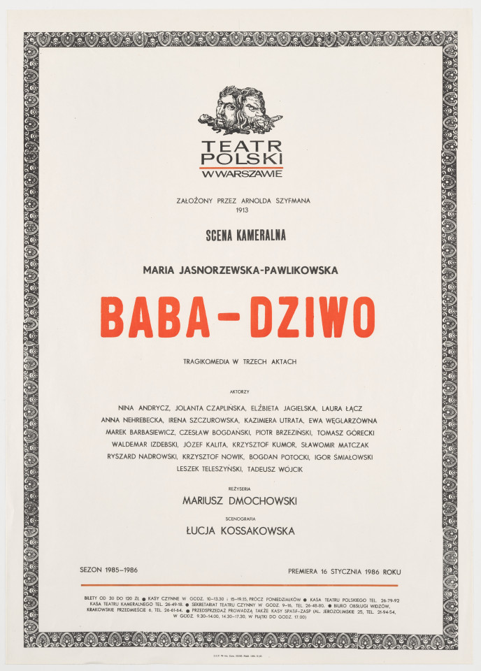 Zadrukowany tekstem plakat z logotypem Teatru Polskiego w Warszawie.