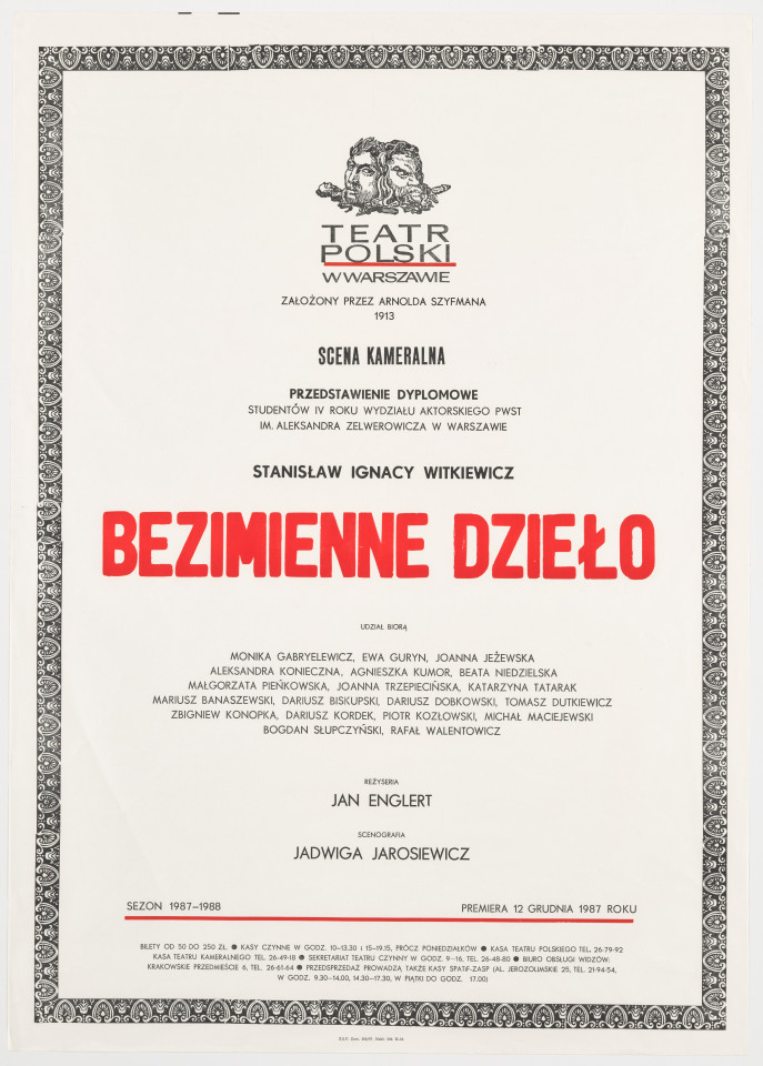 Zadrukowany tekstem plakat z czerwonym tytułem spektaklu i logotypem Teatru Polskiego w Warszawie.