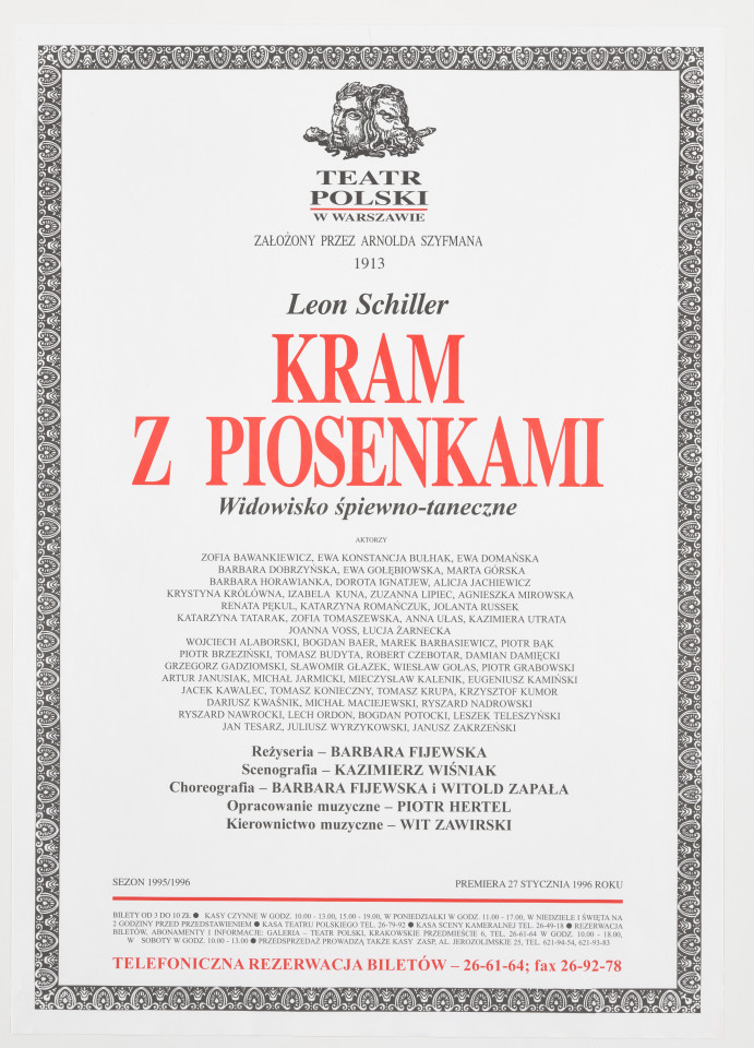 Zadrukowany tekstem plakat z czerwonym tytułem spektaklu i logotypem Teatru Polskiego w Warszawie.