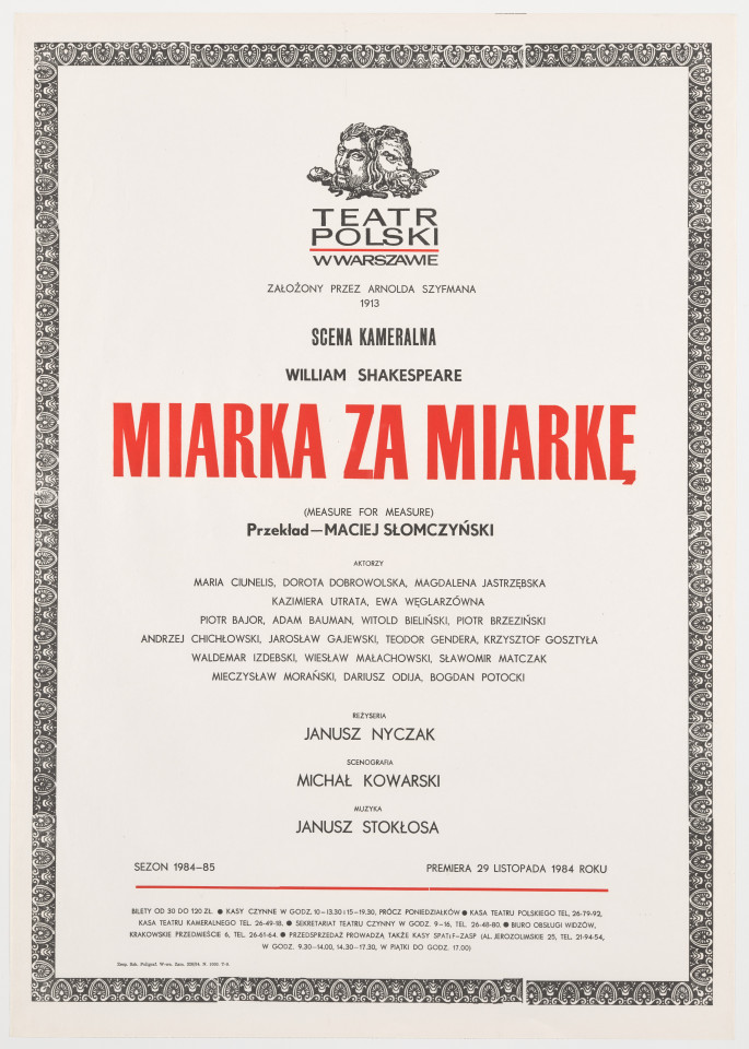 Zadrukowany tekstem plakat z czerwonym tytułem spektaklu i logotypem Teatru Polskiego w Warszawie.