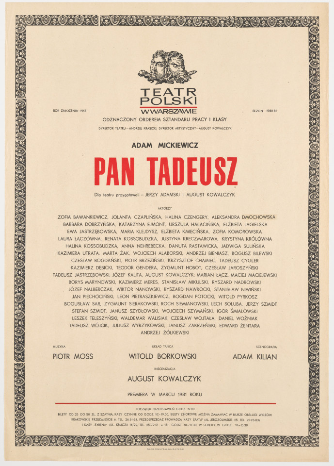 Zadrukowany tekstem plakat z czerwonym tytułem spektaklu i logotypem Teatru Polskiego w Warszawie.