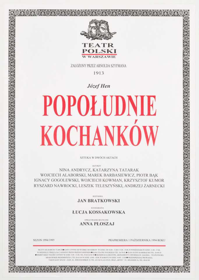 Zadrukowany tekstem plakat z czerwonym tytułem spektaklu i logotypem Teatru Polskiego w Warszawie.