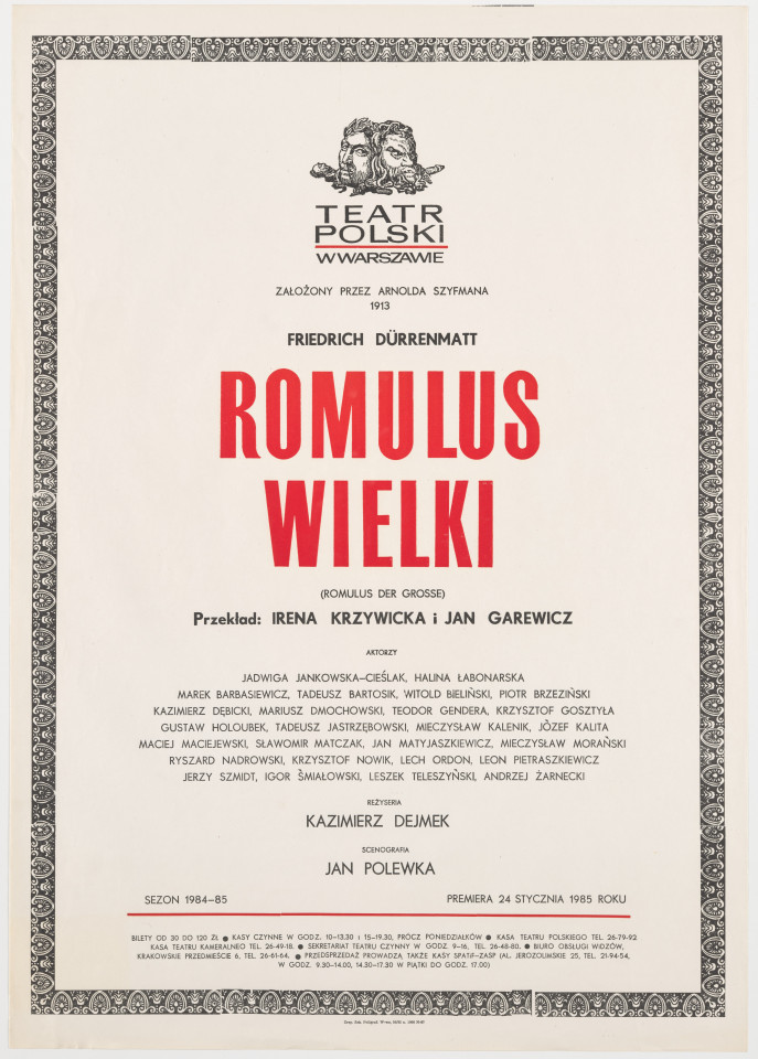 Zadrukowany tekstem plakat z czerwonym tytułem spektaklu i logotypem Teatru Polskiego w Warszawie.