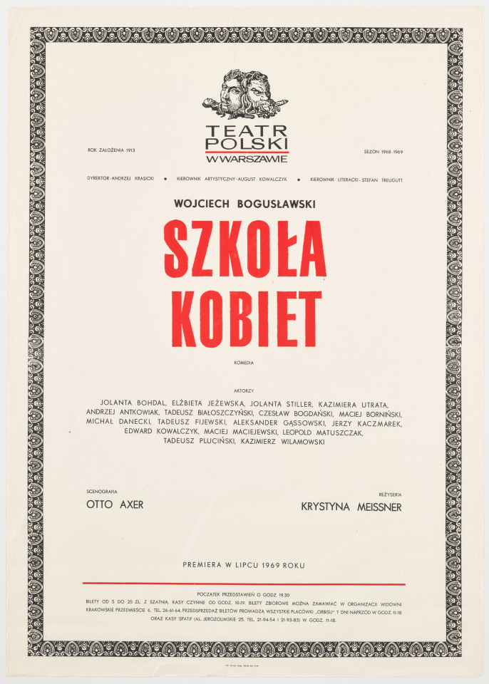 Zadrukowany tekstem plakat z czerwonym tytułem spektaklu i logotypem Teatru Polskiego w Warszawie.