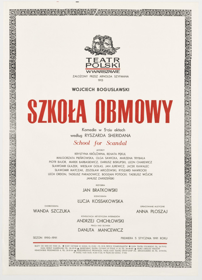 Zadrukowany tekstem plakat z czerwonym tytułem spektaklu i logotypem Teatru Polskiego w Warszawie.