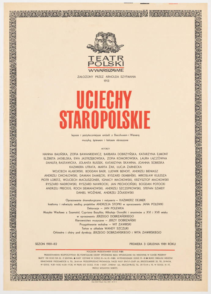 Zadrukowany tekstem plakat z czerwonym tytułem spektaklu i logotypem Teatru Polskiego w Warszawie.