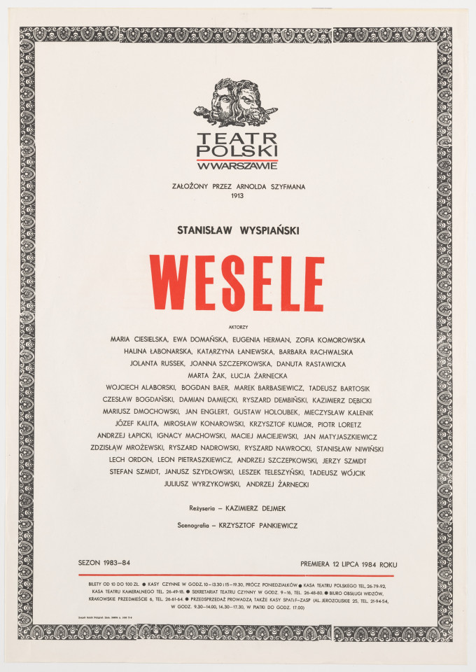 Zadrukowany tekstem plakat z czerwonym tytułem spektaklu i logotypem Teatru Polskiego w Warszawie.