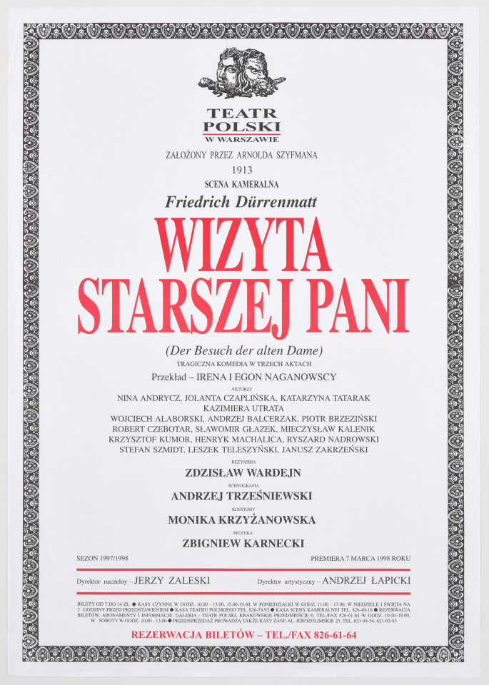 Zadrukowany tekstem plakat z czerwonym tytułem spektaklu i logotypem Teatru Polskiego w Warszawie.