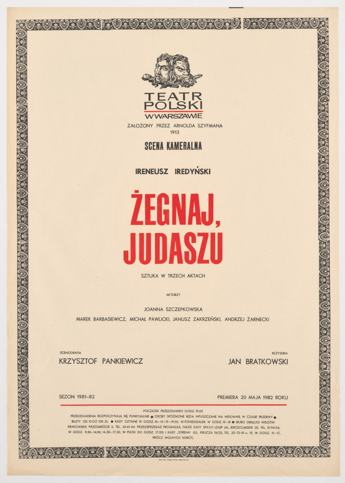 Zadrukowany tekstem plakat z czerwonym tytułem spektaklu i logotypem Teatru Polskiego w Warszawie.