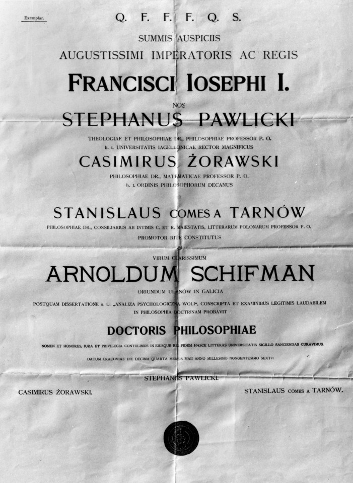 Dokument z typografią w języku łacińskim i nazwiskiem Arnolda Szyfmana.