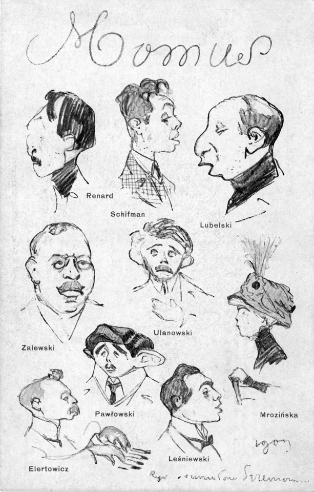 Plakat z rysunkowymi karykaturami dziewięciu osób.