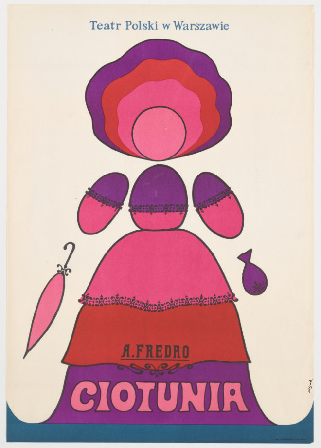 Zadrukowany tekstem plakat z tytułem, nazwiskiem autora i nazwą teatru oraz rysunkowym umownym przedstawieniem kobiety w sukni z parasolem