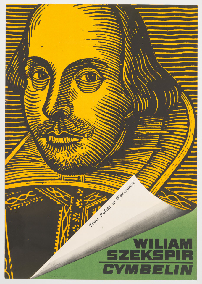 Zadrukowany tekstem plakat z tytułem, nazwiskiem autora i nazwą teatru z graficznym przedstawieniem portretowym Williama Szekspira.