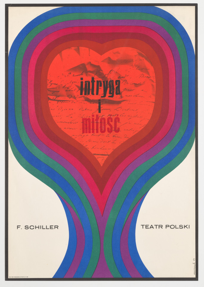 Zadrukowany tekstem plakat z tytułem, nazwiskiem autora i nazwą teatru oraz umownym sercem z obramowaniem w sześciu różnych kolorach.
