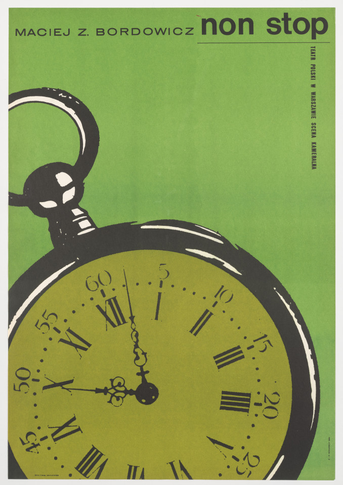 Zadrukowany tekstem plakat z tytułem, nazwiskiem autora i nazwą teatru oraz rysunkowym zegarkiem kieszonkowym na zielonym tle.