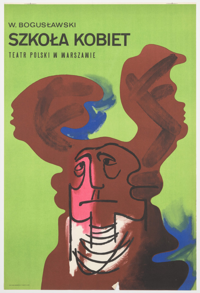 Zadrukowany tekstem plakat z tytułem, nazwiskiem autora i nazwą teatru oraz z abstrakcyjnie malowaną postać z karykaturalną twarzą.